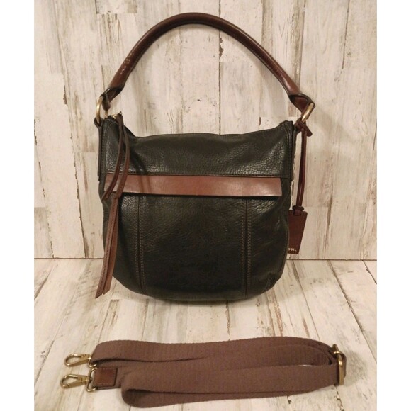 Fossil Jolie Hobo Crossbody Bag Purse Pebbled Leather Black Brown - Picture 1 of 16